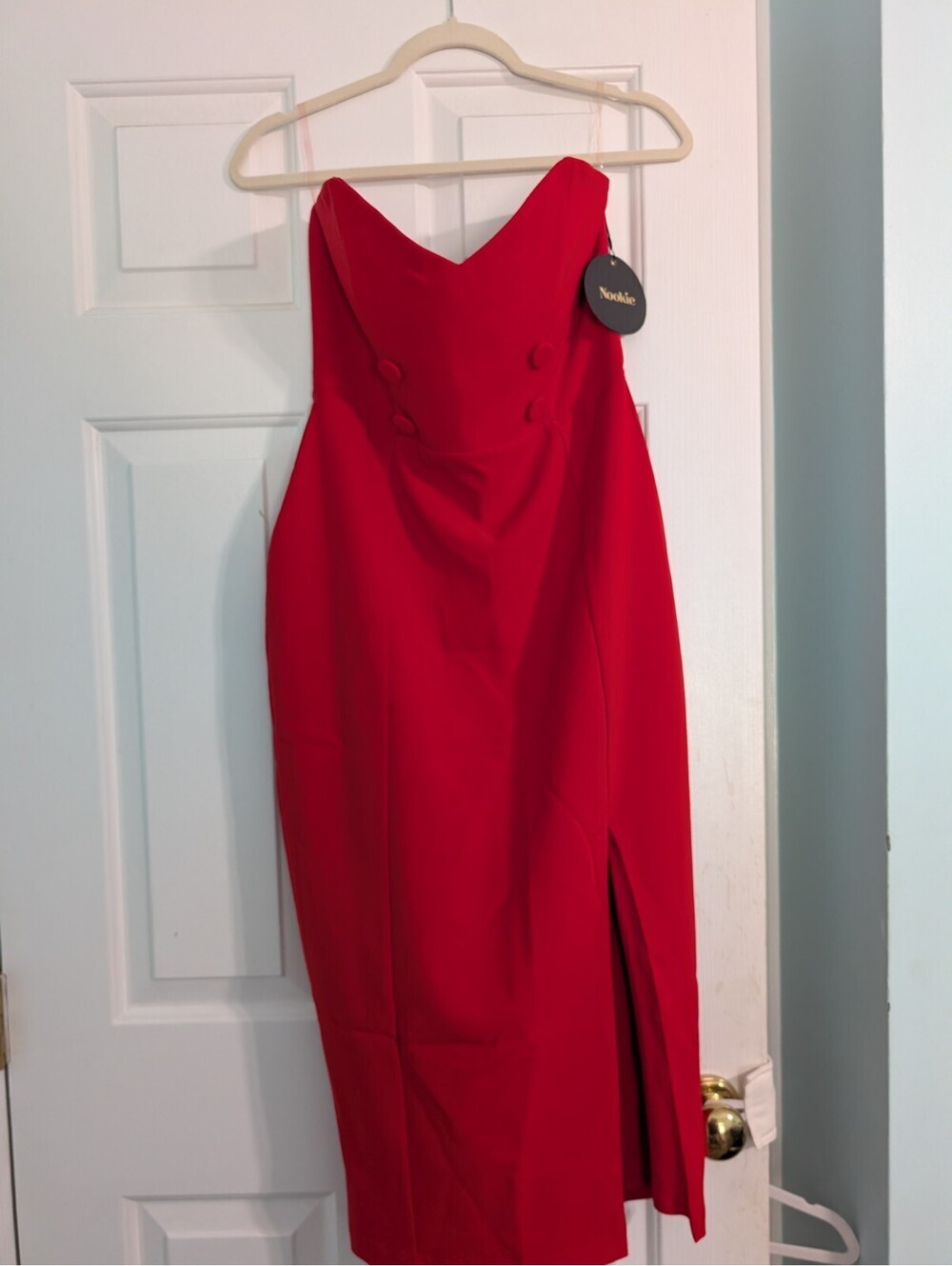 NWT Nookie bella Strapless Red Midi High Slit Sweetheart Dress Large